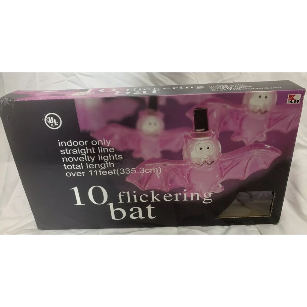 Vintage 10 Purple Flickering Bat String Light Set with Box Indoor Only Halloween
